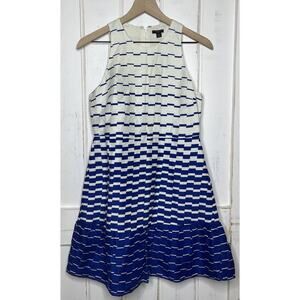 Ann Taylor Petite Linen Blend Coastal Nautical Blue White Fit Flare Dress 4P